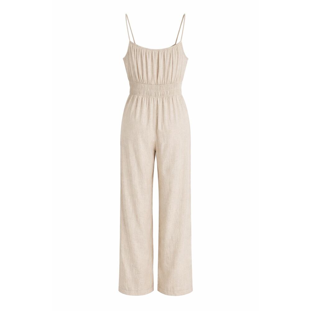 Monteau Los Angeles Linen Blend Wide Leg Jumpsuit Size L Beige Boho Beach - Picture 3 of 4